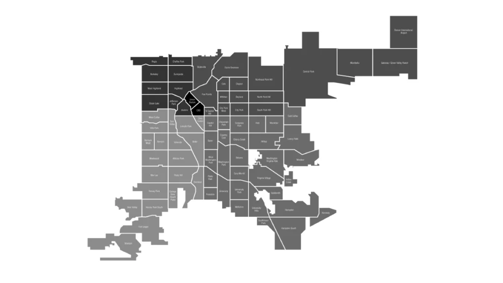 Map of Denver neighborhoods with transportation routes
