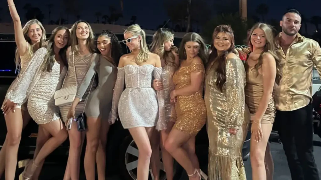 Group celebrating in a luxury party bus in Denver